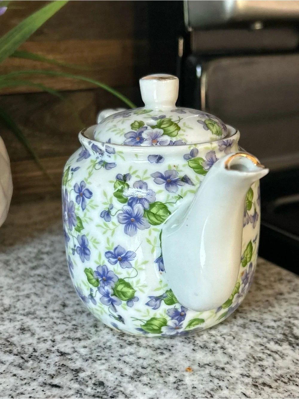 White Porcelain Teapot with Purple and Green Floral Print Design Lefton China